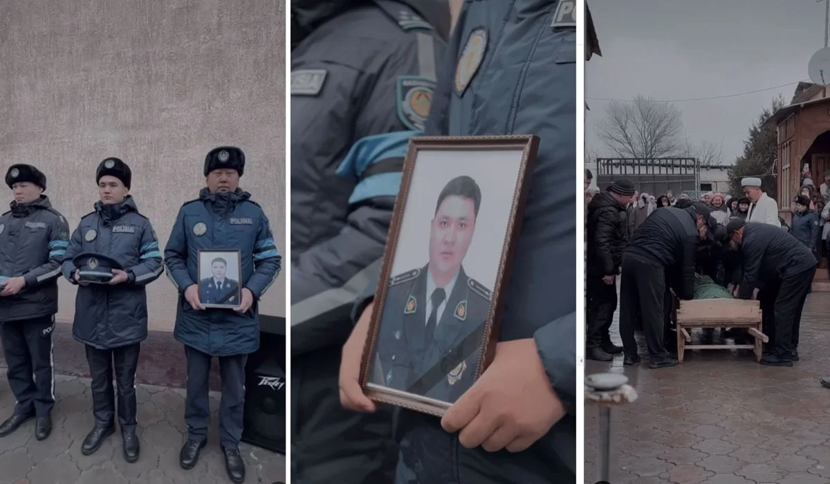 Жамбыл облысында қызмет бабында қаза болған полицейдің жаназасы өтті (ВИДЕО)