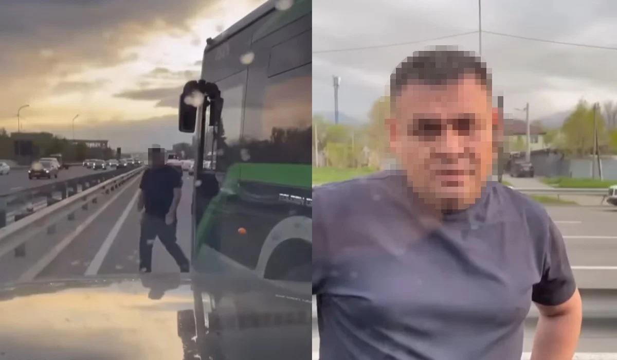 Алматыда автобус жүргізушісі жолды бөгеп, жас жігітке ортаңғы саусағын көрсетіп кеткен
