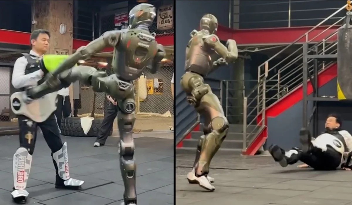 Қытайда робот адаммен жекпе-жекке шығып, ішінен теуіп құлатты