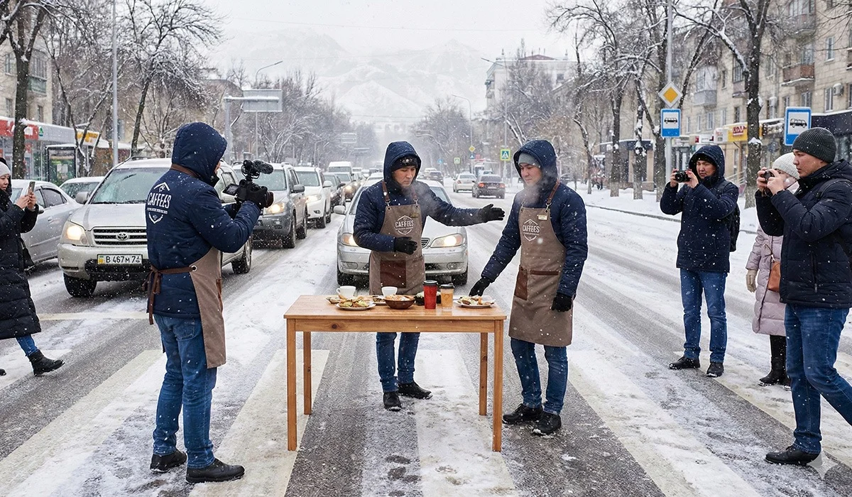 Алматыда жолдың қақ ортасына үстел жайып, жарнама түсіргендер соттан бір-ақ шықты
