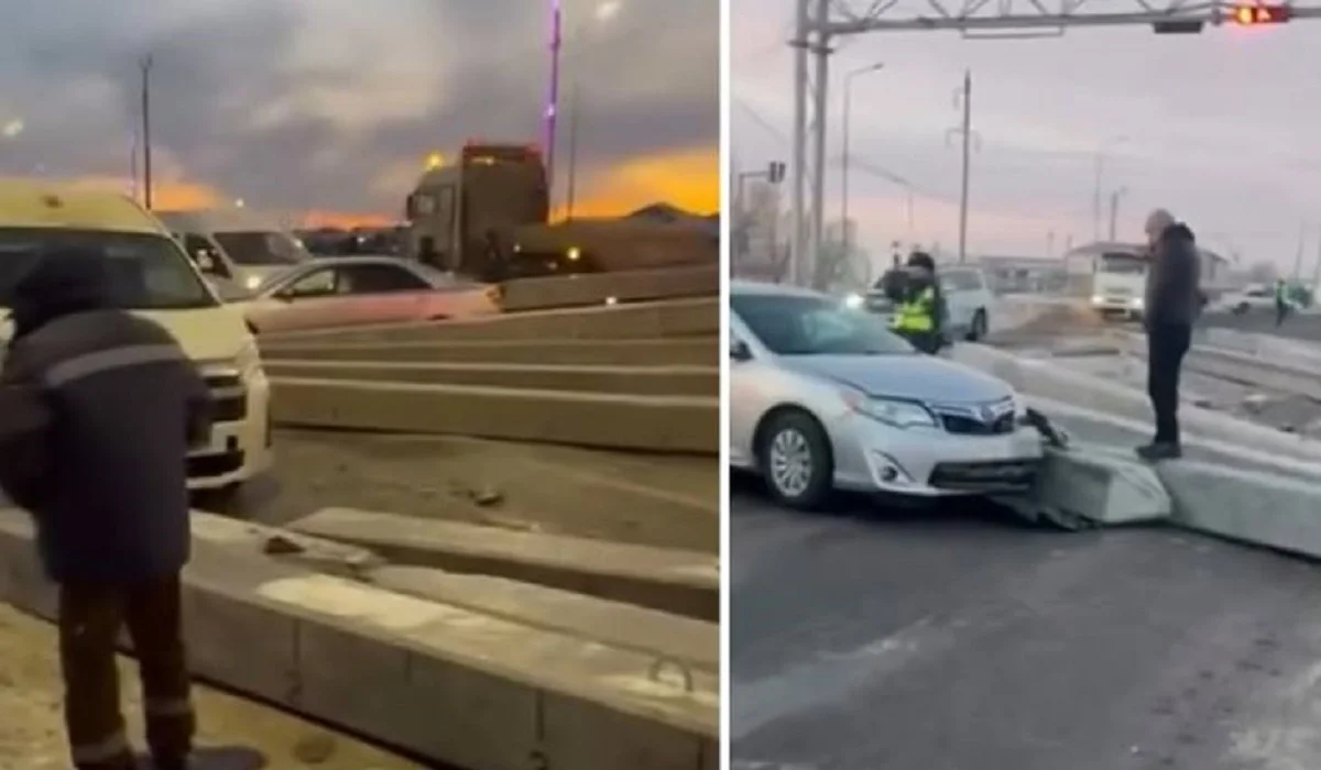 Атырауда жүк көліктен бетон тіреулер құлап, артында келе жатқан үш көлікке зақым келді