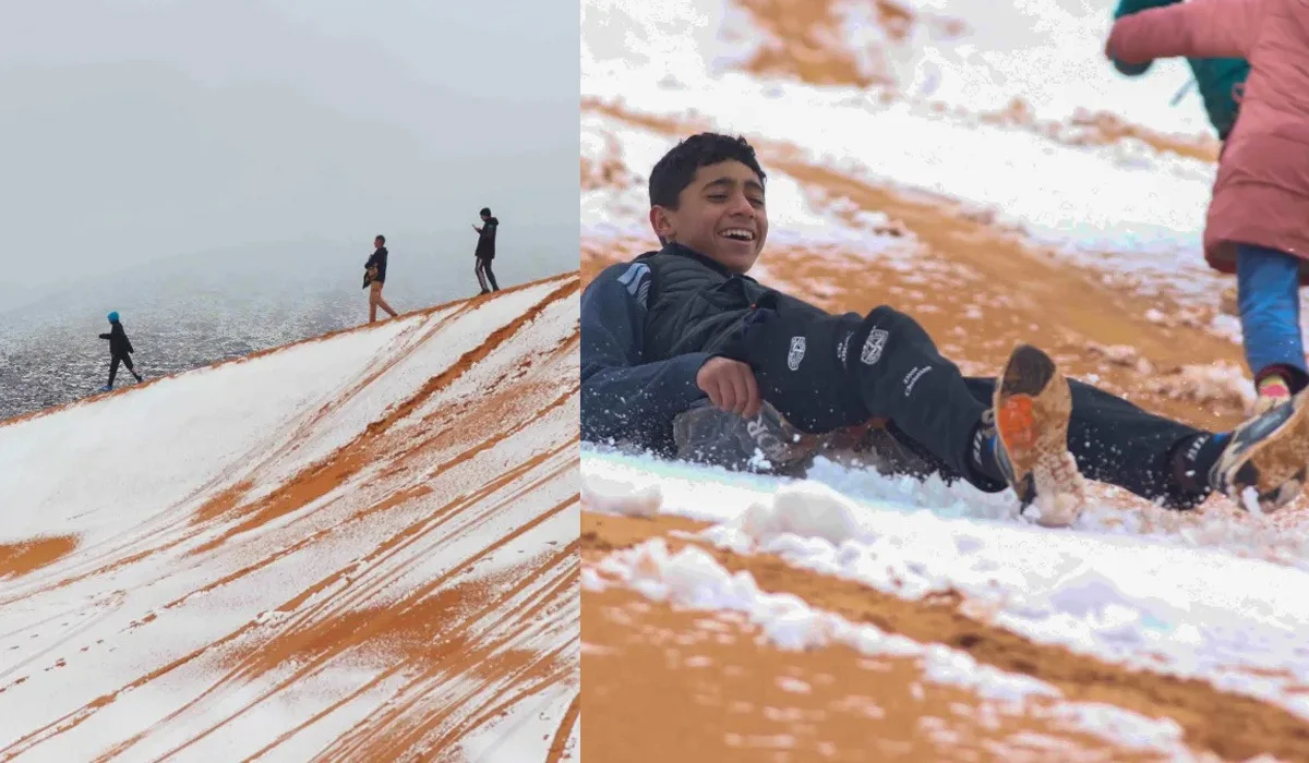 Сахара шөліне қар жауды: балалар сырғанап, мәз-мейрам болған