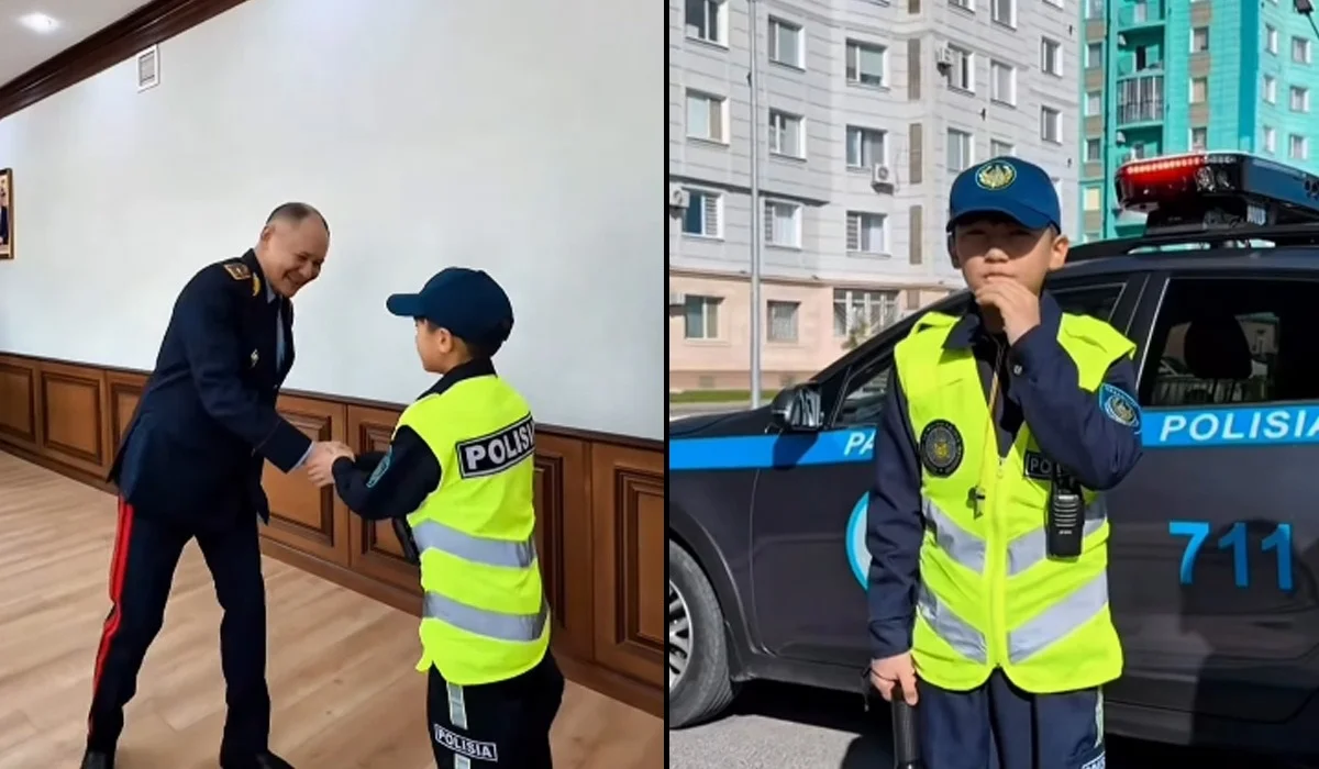 «Полицей болуды армандайды»: Түркістанда 10 жасар бала форма киіп, көліктерге ескерту жасады (ВИДЕО)