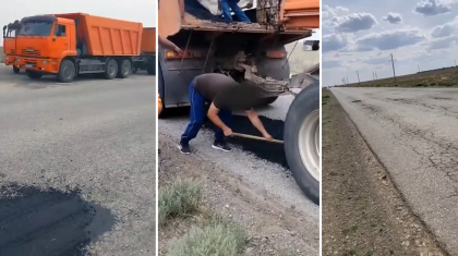 «Өз күштерімен асфальт төсеп жатыр»: Атырауда жергілікті кәсіпкерлер тас жолды өздері жөндеуге мәжбүр