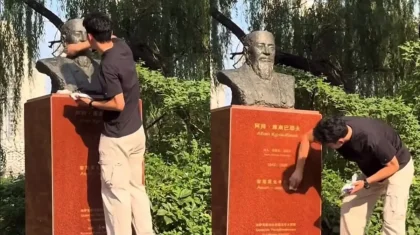 Қытайлық жігіттің Абай ескерткішін сүртіп тұрған сәті жұртты толқытты (ВИДЕО)