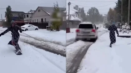 Павлодарда халат киіп, сноубордпен сырғанаған ер адам полицияның қаһарына ұшырады (ВИДЕО)