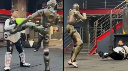 Қытайда робот адаммен жекпе-жекке шығып, ішінен теуіп құлатты