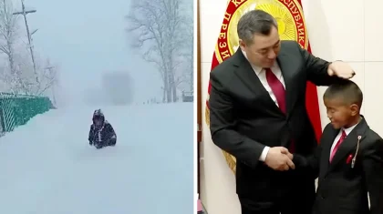 Белуардан қар кешіп, мектепке барған балаға Қырғыз президенті ескі телефонын сыйлады (ВИДЕО)