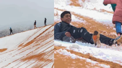 Сахара шөліне қар жауды: балалар сырғанап, мәз-мейрам болған