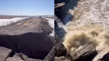 Зерендіде еріген қар суы жолдың бір бөлігін шайып кетті (ВИДЕО)